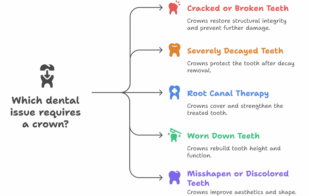 Which dental issue requires a crown?
